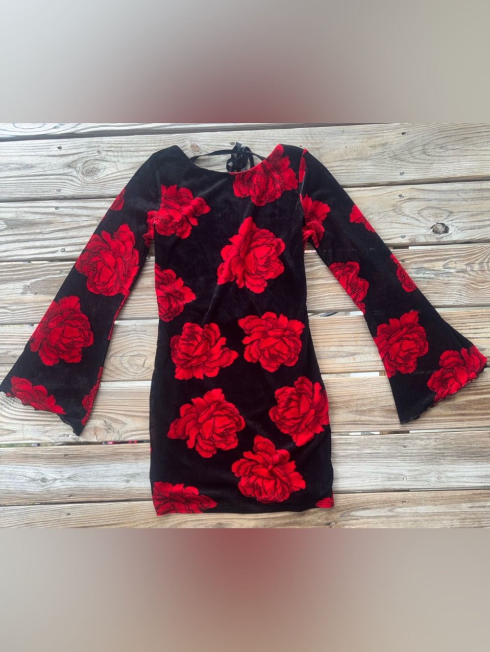 Velvet Red Rose Open Back Mini Dress Bell Sleeve Romantic Goth Size Large